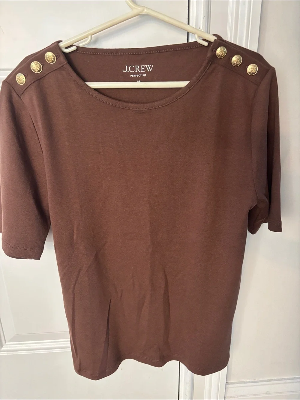 J. Crew Brown Short-Sleeve Tee with Gold Shoulder Buttons